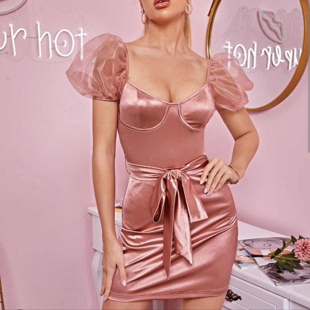 SheIn Sheer Organza Puff Sleeve Belted Satin Bustier Dress US Medium 🩷